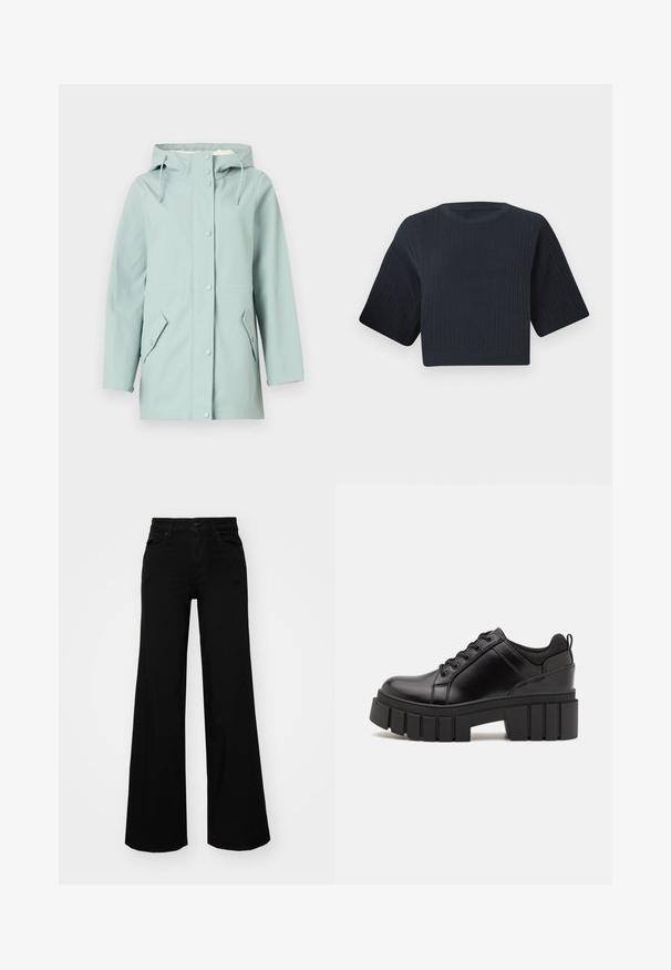 Light blue waterproof jacket with a hood, button closures, two front pockets, and adjustable drawstrings. Smooth, durable material.; Dark navy cropped knit sweater with ribbed texture, short wide sleeves, and a round neckline. Simple design, no visible patterns or accents.; Black wide-leg pants made of denim, featuring a structured waistband, belt loops, and front pockets. Smooth texture with a classic design.; Black leather platform shoes with a chunky block heel, round toe, and traditional lace-up design. Features smooth texture and minimal detailing.