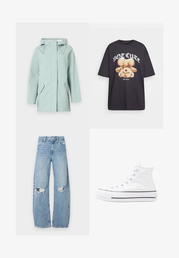 Šviesiai mėlyna nepralaidi vandeniui striukė su kapišonu, mygtukų užsegimu, dviem priekinėmis kišenėmis ir reguliuojamomis raištelėmis. Lygi, patvari medžiaga.; Juodas per didelis marškinėliai su bearo grafika ir tekstu "NE SIAUBINGA, BET NERAMUS" bold baltomis raidėmis. Pagaminta iš medvilnės.; Šviesiai mėlynos, aukštu juosmeniu džinsai pagaminti iš džinsinio audinio. Turi plačias kojų kelnes, dvi suplėšytas kelio vietas ir klasikinį penkių kišenių dizainą.; Balti aukštakulniai drobės sportbačiai su juodu guminio pado, priekinio guminio piršto dangteliu ir šešiais akytėmis raištams, pasižymintys švariu, minimalistiniu dizainu.