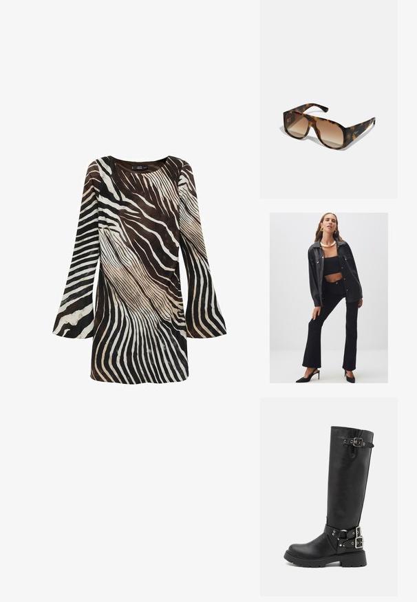 Schwarze Kunstlederjacke mit Druckknöpfen, kombiniert mit einem schwarzen Crop-Top und weit geschnittenen Hosen. Akzentuiert durch metallischen Schmuck und schwarze High Heels.; Langärmliges Kleid in Braun und Creme mit Zebra-Streifenmuster. Weicher Stoff, ausgestellte Ärmel und runder Ausschnitt.; RAID WESTINN - Plateaustiefel - black; Fette Schildpatt-Sonnenbrille mit braunen Verlaufslinsen; rechteckige Form und flache Seiten. Logo auf dem Bügel eingraviert.