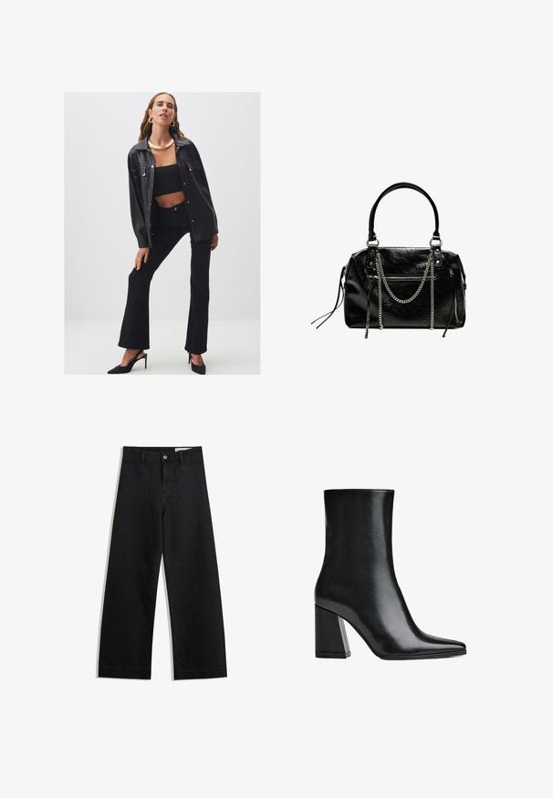 Schwarze Kunstlederjacke mit Druckknöpfen, kombiniert mit einem schwarzen Crop-Top und weit geschnittenen Hosen. Akzentuiert durch metallischen Schmuck und schwarze High Heels.; Dunkelgraues Kurzarmoberteil mit Bootsausschnitt. Hergestellt aus geripptem Stoff, mit lockerer Passform und sauberem Saum. Einfaches Design, ohne Muster.; Schwarze weit geschnittene Jeans mit hoher Taille, ausgestattet mit Vorder- und Hintertaschen, gesteppten Nähten und einem Knopfverschluss. Glatte Textur.; Schwarze Leder-Ankle Boots mit spitzer Zehenpartie und hohem Blockabsatz. Glatte Textur mit einem eleganten Silhouette und einem soliden Basiskonzept.; Bershka WITH CHAIN - Handtasche - black