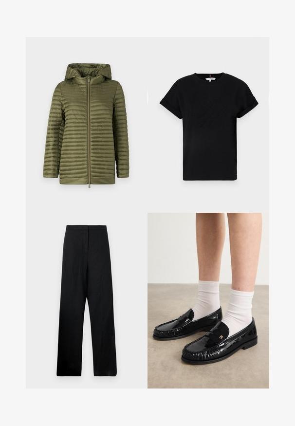 Zelená péřová bunda s horizontálním prošíváním, zipem na přední straně a podšívkovou kapucí. Hladký, lehký materiál s pohodlným střihm.; Černé bavlněné tričko s krátkými ohrnutými rukávy, se vzorovým logem uprostřed a malým akcentem vlajky na boku.; Černé široké kalhoty vyrobené z lehké látky. Mají hladkou texturu, vysoký pas a minimální švy.; Černé lakované kožené mokasíny s třásňovým designem, doplněné malým kovovým logem, nošeny s bílými kotníkovými ponožkami. Plochá podrážka.
