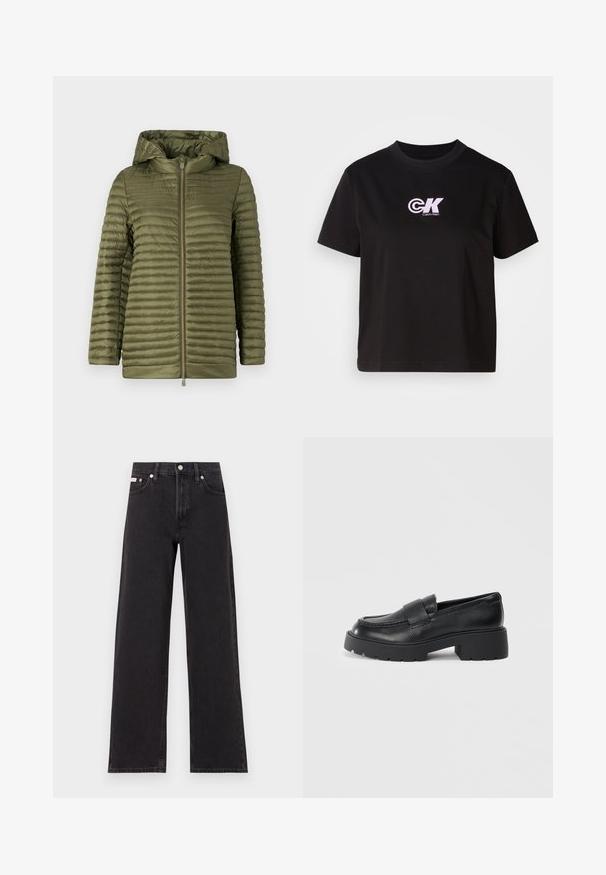 Giacca imbottita verde oliva con cuciture orizzontali, zip frontale e cappuccio foderato. Materiale liscio e leggero con vestibilità rilassata.; T-shirt in cotone nero con scollatura rotonda e maniche corte. Presenta un logo "CK" bianco e rosa nella parte superiore sinistra del petto.; Jeans neri a gamba larga in denim, con vita alta, styling a cinque tasche e chiusura con bottone metallico e cuciture a contrasto.; Mocassini in pelle nera con finitura testurizzata, caratterizzati da una fascia rettangolare sulla parte anteriore e un design di suola spessa e scanalata.