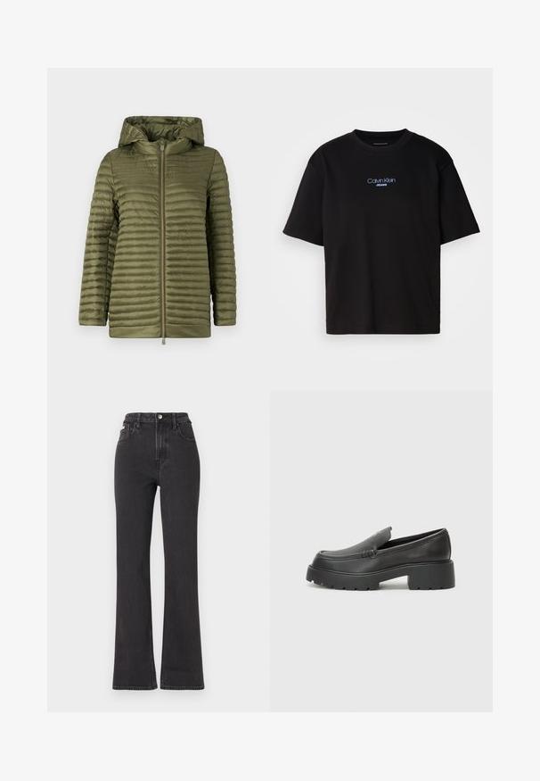 Olivengrøn pufferjakke med vandret søm, lynlås foran og foret hætte. Glat, let materiale med en afslappet pasform.; Sort bomulds t-shirt med rund hals, korte ærmer og blåt broderet "Calvin Klein JEANS" logo på fronten.; Sorte højtaljede flagrende jeans lavet af denim, med knaplukning, bæltestropper og sidelommer. Glat tekstur med minimal falming.; Sorte læder loafers med rund tå, tyk tekstureret sål og minimale syninger. Elegant design uden synlige snørebånd eller hardware.
