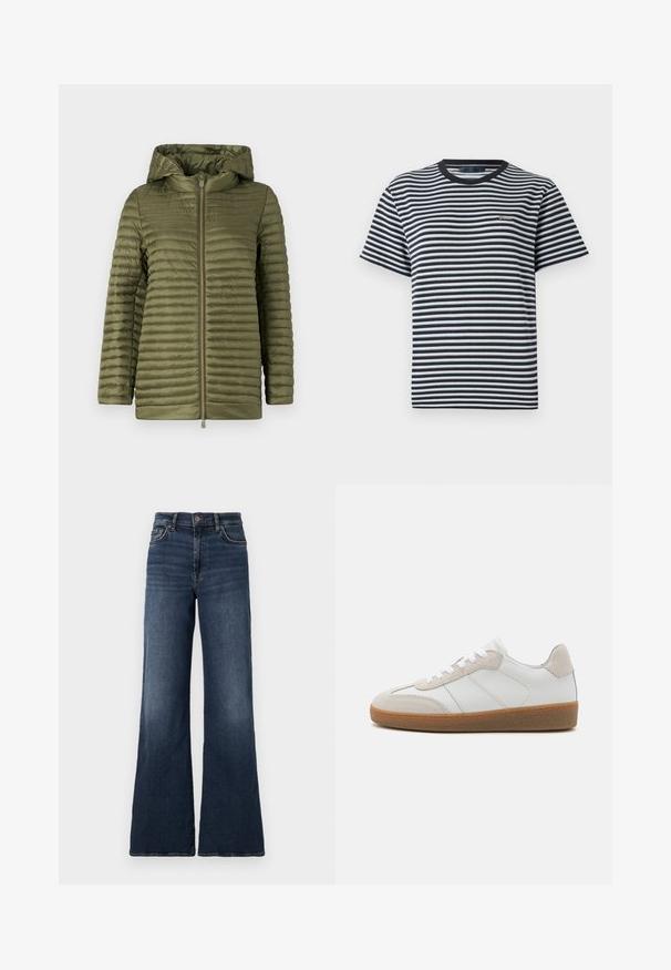 Olijfgroene pufferjack met horizontale stiksels, een ritssluiting aan de voorkant en een gevoerde capuchon. Soepele, lichte stof met een ontspannen pasvorm.; Gestreepte t-shirt met zwart-witte horizontale strepen, ronde halslijn en korte mouwen. Gemaakt van zachte, lichte stof.; Wijde, donkerblauwe spijkerbroek met hoge taille. Beschikt over een klassiek vijf-pocket ontwerp en subtiele vervaging op de dijen. Metalen knoopsluiting.; Witte leren sneakers met beige suède accenten, een gestructureerde tong en een rubberen zool. Voorzien van witte veters en subtiele gestikte details.