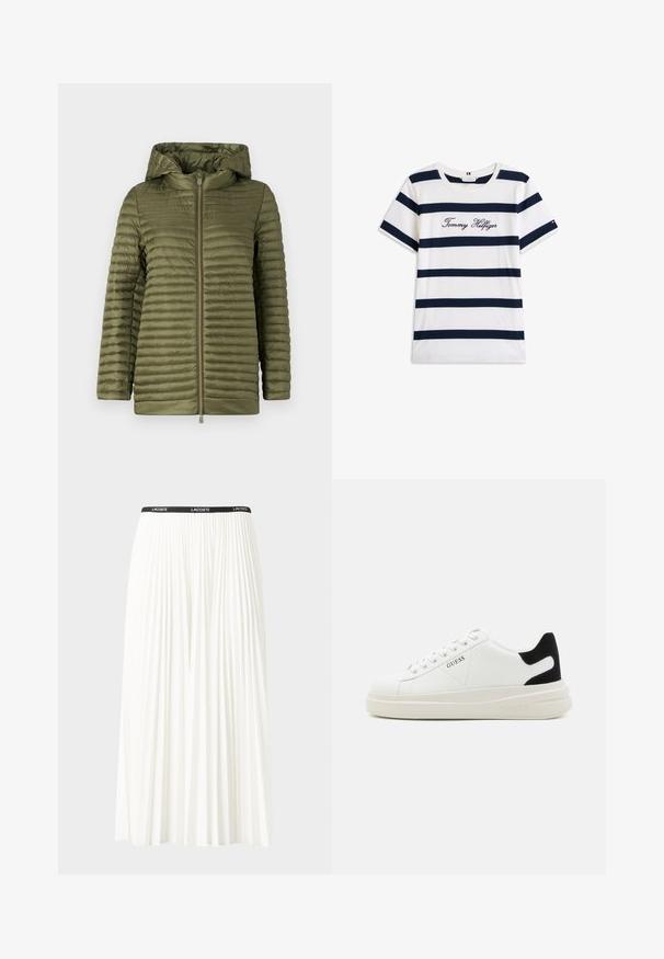 Doudoune vert olive avec des coutures horizontales, une fermeture éclair à l'avant et une capuche doublée. Matière lisse et légère avec une coupe décontractée.; T-shirt en coton avec des rayures horizontales bleu marine sur un fond blanc. "Tommy Hilfiger" brodé en écriture cursive sur la poitrine. Encolure ras du cou.; Jupe plissée blanche avec une taille élastique noire portant le logo "LACOSTE". Design mi-long avec une texture douce.; Baskets en cuir blanc avec une épaisse semelle blanche, un accent en daim noir au niveau du talon et un logo embossé sur le côté. Design à lacets avec six œillets.