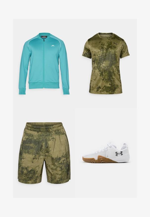 Jaqueta azul-água com fecho zip, gola e punhos canelados, linhas brancas de destaque ao longo dos ombros, com bolsos laterais e um logótipo no peito.; Camiseta atlética de manga curta em verde oliva com um acabamento texturizado e padrão. Apresenta um pequeno logótipo preto no canto superior esquerdo do peito.; Calções com padrão de camuflagem em tons de verde, confeccionados em tecido leve, com um cós elástico e um corte descontraído.; Ténis atléticos brancos com parte superior em malha, sola de borracha na cor âmbar, detalhes texturizados e um logótipo preto de um lado.