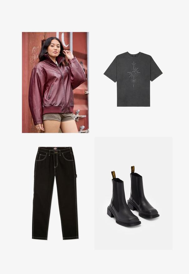 Giacca bomber in pelle bordeaux con chiusura a zip, polsini a coste e due tasche laterali; superficie liscia e vestibilità comoda.; T-shirt oversize grigio scuro in cotone, con una grafica centrale di un sole con dettagli intricati stampati sul davanti.; Pantaloni in denim nero con cuciture bianche a contrasto, cinque tasche e una targhetta sul lato. Vestibilità standard, design a gamba dritta.; Stivaletti neri alla caviglia in pelle liscia con pannelli elastici laterali, punta quadrata e tacco spesso. Presentano linguette gialle con logo.