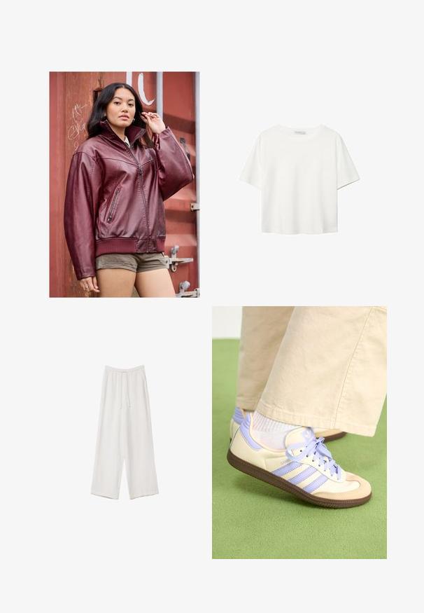 Burgundyröd läderbombarjacka med dragkedja, ribbad mudd och två sidfickor; slät textur och avslappnad passform.; Vit t-shirt med kort ärm i bomull. Har en rundad halsringning och en avslappnad passform. Slät textur utan synliga mönster eller detaljer.; Vita vida byxor i vid passform gjorda av ett lättviktsmaterial. Har en elastisk midja med dragsko och sidofickor. Slät textur.; Krämfärgade och lavendelfärgade sneakers med tre ränder och en texturerad brun sula, med snören och en vadderad häl. Mjuk tygobero.