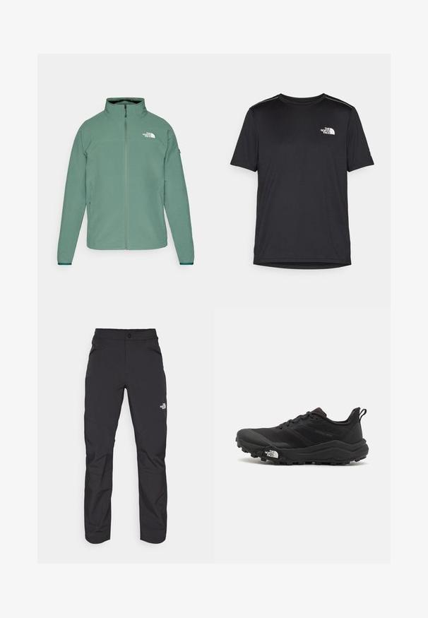 Svetlo zelena zip-up jakna z visokim ovratnikom, teksturirana tkanina in logotipom na prsih. Vsebuje stranske žepke in kontrastne manšete.; Črna kratkosleevena majica iz lahkotnega materiala. Ima majhen bel logo na levem prsnem delu in diskretne poudarke na ramenskem predelu.; Črne zunanje hlače z zadrgo na sprednjem žepu, sintetični material, ožje noge in ojačani paneli na kolenih. Imajo gumbasto zapiranje.; Črne tekaške čevlje za trail s teksturirano zgornjega dela, gumijastim podplatom in ojačanim zaključkom prstov. Vključuje oblazinjen ovratnik in zanko za enostavno obuvanje.