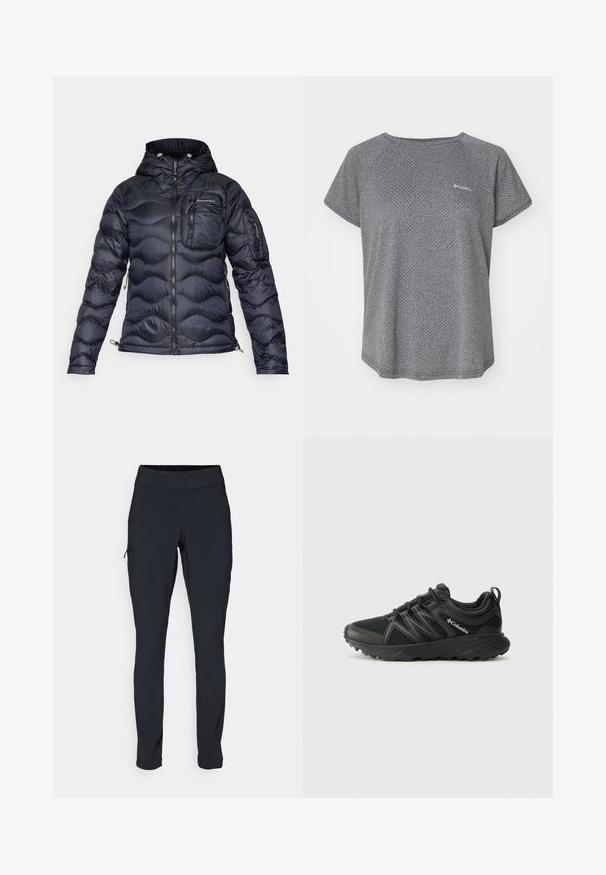 Peak Performance HELIUM UTILITY HOOD JACKET - Tollkabát - black; Szürke rövid ujjú póló, finom textúrával, kerek nyakkivágással és Columbia logóval a mellkason. Puha anyag, kényelmes fazon.; Fekete sportnadrág karcsúsított fazonnal, rugalmas derékrésszel és cipzáras oldalzsebbel. Simító, elasztikus anyag minimális varrásokkal.; Columbia PEAKFREAK - Túracipők - black