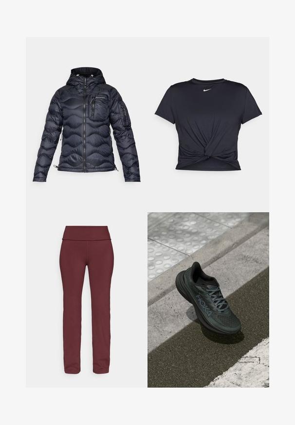 Peak Performance HELIUM UTILITY HOOD JACKET - Jakna ispunjena paperjem - black; Crni trenirac s kratkim rukavima izrađen od glatkog materijala, s čvorastim dizajnom sprijeda i malim bijelim Nike logotipom na prsima.; Bordo tajice sa širokim, presavijenim pojasom, suženim nogavicama i glatkim, rastezljivim tkaninom pogodnom za aktivne aktivnosti.; Crne trkačke cipela s mrežastim gornjim dijelom, teksturiranim detaljima i logotipom, s podstavljenim potplatom i sivim vezicama, smještene na pločniku.