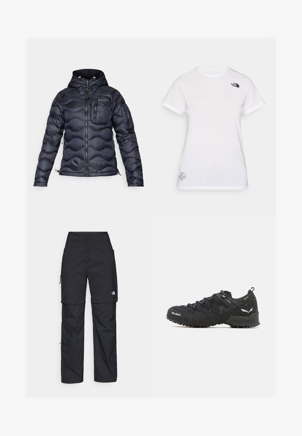 Peak Performance HELIUM UTILITY HOOD JACKET - Doudoune - black; T-shirt en coton blanc avec un logo noir sur la poitrine gauche et un design graphique gris en bas à droite. Col rond classique et manches courtes.; Pantalons cargo en nylon noir, à zip amovible, avec chevilles ajustables, plusieurs poches et un logo sur la jambe droite. Texture lisse et légère.; Chaussures de randonnée noires avec une tige en tissu texturé, un système de laçage et une semelle en caoutchouc robuste. Agrémentées de détails réfléchissants et de logos.