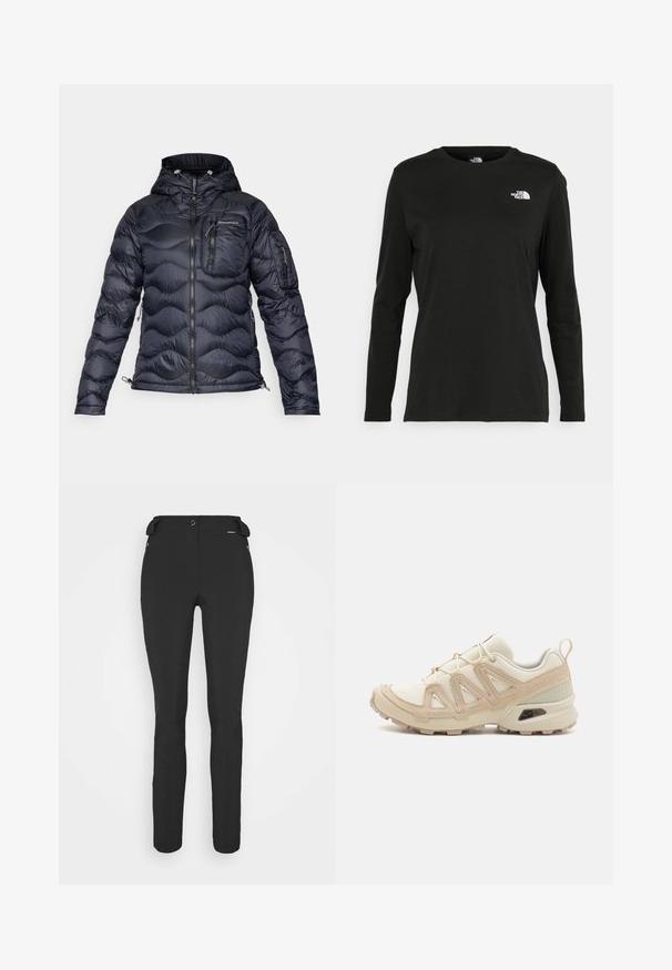 Peak Performance HELIUM UTILITY HOOD JACKET - Bunda z prachového peří - black; Černé tričko s dlouhým rukávem vyrobené z bavlny s kulatým výstřihem. Na levé části hrudi se nachází malé bílé logo. Jednoduchý design a střih.; Černé, přiléhavé kalhoty vyrobené z pružného materiálu. Mezi funkce patří boční kapsa na zip, anatomické kolena a hladký povrch.; Béžová a krémová sportovní obuv s texturovaným síťovaným svrškem, podpůrnými překryvy a gumovou podrážkou s dezénem pro lepší přilnavost.