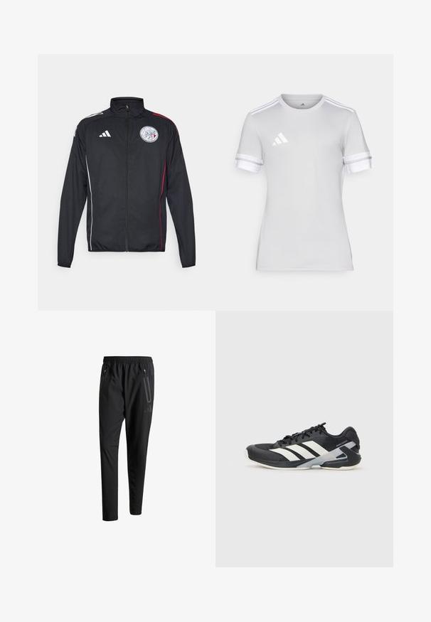 Črna športna jakna iz lahkega materiala, s belimi in rdečimi detajli, visokim ovratnikom, polnim zadrgo in okroglo oznako na prsih.; Majica s kratkimi rokavi za šport, svetlo siva tkanina, okrogla ovratnika, beli tridotni poudarki na rokavih, majhen odsevni logo na prsih.; Črne športne hlače z elastičnim pasom, dvema žepoma na zadrgo ob strani, zoženimi hlačnicami in diskretnim logotipom na boku.; Črne atletske čevlje z belimi črtami, mrežastim zgornjim delom, zaobljenim nosom in blaženim podplatom. Imajo teksturiran petni del in varen sistem vezalk.