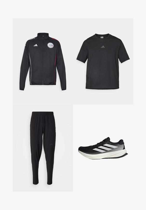 Čierna atletická bunda vyrobená z ľahkého materiálu, s bielymi a červenými akcentmi, vysokým golierom, plným zipsom a okrúhlym logom na hrudi.; Čierne atletické tričko vyrobené z priedušného materiálu, s krátkymi rukávmi, okrúhlym výstrihom a reflexným logom na hrudi.; Čierne športové nohavice s elastickým pásom, zúženým strihom, bočnými vreckami a nenápadným logom. Vyrobené z flexibilnej, priedušnej tkaniny.; Čierna atletická topánka s dizajnom z mriežky, s bielymi prúžkami, zaoblenou špičkou a textúrovanou podrážkou pre lepšiu priľnavosť a podporu.