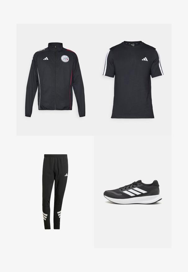 Giacca sportiva nera realizzata in materiale leggero, con accenti bianchi e rossi, colletto alto, zip completa e un logo rotondo sul petto.; T-shirt nera in cotone a maniche corte, con strisce bianche sulle spalle e un logo bianco sul petto sinistro.; Pantaloni sportivi neri con cintura elastica, caratterizzati da accenti riflettenti bianchi in un motivo a righe sulle gambe inferiori. Realizzati in un tessuto liscio.; Scarpa sportiva nera con tomaia in mesh traspirante, dettagli bianchi e suola ammortizzata. Presenta il logo con tre strisce sul lato.