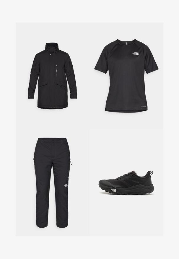 Crna izolirana jakna s visokim ovratnikom, prednjim zatvaračem i dva velika prednja džepa. Ima džep na prsima sa zatvaračem i glatku teksturu.; Crna kratkotrajna atletska majica s teksturiranom tkaninom, koja ima bijeli logo na lijevom prsnom dijelu i ravni rub.; The North Face WINTER EXPLORATION TAPERED CARGO - Hlače za otvoreno - black; Crne trail trkačke cipele s teksturiranim gornjim dijelom, gumeni potplat i ojačana zaštita za prste. Imaju podstavljen ovratnik i trakicu za lakše obuvanje.
