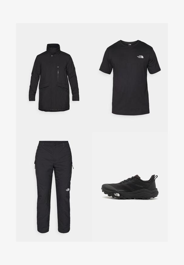 Fekete szigetelt dzseki magas gallérral, elülső cipzárral és két nagy elülső zsebbels. A mellzsebe cipzárral zárható, és sima tapintású.; Fekete rövidujjú pamut póló, kerek nyakkivágással, a bal felső mellkason egy kis fehér logóval.; The North Face WINTER EXPLORATION TAPERED CARGO - Szabadtéri nadrágok - black; Fekete terepfutó cipő, textúrált felső résszel, gumitalppal és megerősített lábujjrészével. Párnázott bokarésszel és húzófüllel rendelkezik a könnyű felhúzáshoz.