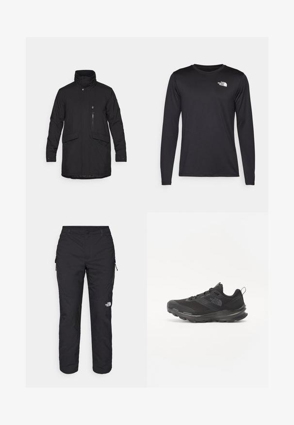 Crna izolirana jakna s visokim ovratnikom, prednjim zatvaračem i dva velika prednja džepa. Ima džep na prsima sa zatvaračem i glatku teksturu.; Crna majica s dugim rukavima za performanse, napravljena od laganog materijala, s bijelim logotipom na gornjoj lijevoj strani prsnog koša. Glatka tekstura.; The North Face WINTER EXPLORATION TAPERED CARGO - Hlače za otvoreno - black; Crne sportske tenisice s mrežastim gornjim dijelom, gumiranom potplatom i podstavljenim rubom. Imaju vezice, logo sa strane i teksturirani dizajn.