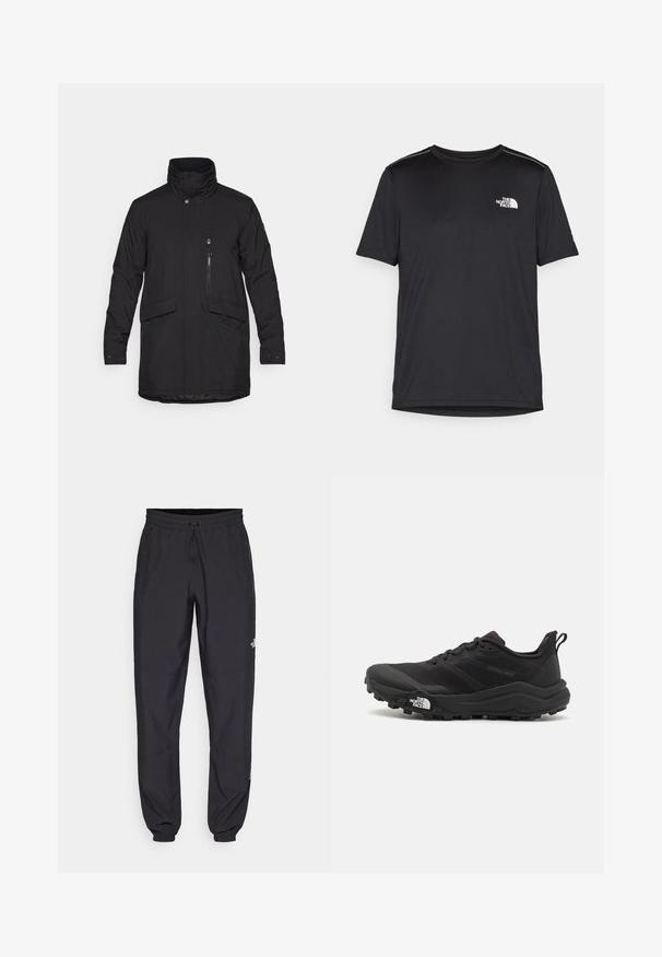 Crna izolirana jakna s visokim ovratnikom, prednjim zatvaračem i dva velika prednja džepa. Ima džep na prsima sa zatvaračem i glatku teksturu.; Crna majica kratkih rukava izrađena od lagane tkanine. Ima mali bijeli logo na lijevoj strani grudi i suptilne naglaske na ramenima.; Crne sportske hlače od lagane tkanine, s pojasom na vezanje, bočnim džepovima i suženim manžetama na gležnjevima.; Crne trail trkačke cipele s teksturiranim gornjim dijelom, gumeni potplat i ojačana zaštita za prste. Imaju podstavljen ovratnik i trakicu za lakše obuvanje.