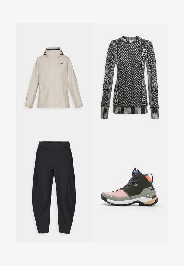 Berghaus HILLWALKER - Hardshell-jope - taupe; Mustvalge ja hall mustriga kootud sviiter, millel on tekstuurne muster, ribitud kaelus ja pikad varrukad, millel on erinevad disainid ja detailid.; Mustad, vabalt asetsevad püksid nupuga kinnitusega ja küljetaskutega, esitlemine valge taustaga.; Salewa PUEZ MID PTX - Matkajalatsid - dark olive/shadow
