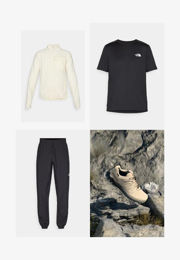 Syntetjacka i off-white med hög krage, hela dragkedjan, ficka på bröstet med dragkedja och två sidofickor; mjuk textur, ribbade ärmslut.; Svart kortärmad T-shirt i lättviktig tyg. Har en liten vit logotyp på vänster bröst och subtila axeltoner.; Svarta träningsbyxor tillverkade av lättviktsmaterial, med dragsko i midjan, sidofickor och avsmalnande muddar vid anklarna.; Beige Salomon traillöpningssko i luften ovanför stenig utomhusterräng med spridd gräs och små stenar.