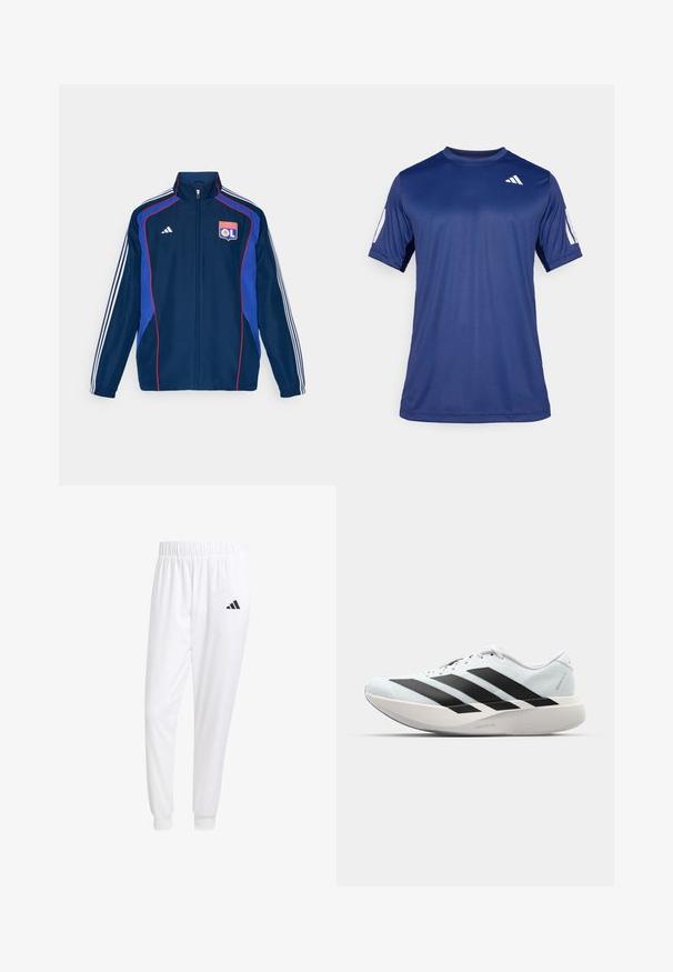 Sötétkék tréningdzseki piros és kék díszítéssel, három fehér csíkkal az ujján és hímzett klublogóval a mellkasán.; Tengerészkék, rövid ujjú, sportos póló sima anyagból, kerek nyakkivágással, a bal felső mellrészen fehér logó részlettel.; Fehér sportnadrág sima anyagból, rugalmas derékpánttal és szűkített bokákkal, a hátsó zsebében fekete logóval.; Világoskék, fekete csíkos könnyű futószerek. Simább felső résszel, kerek orral és vastag fehér középtalppal, amelyen a "LIGHTSTRIKE PRO" felirat olvasható.