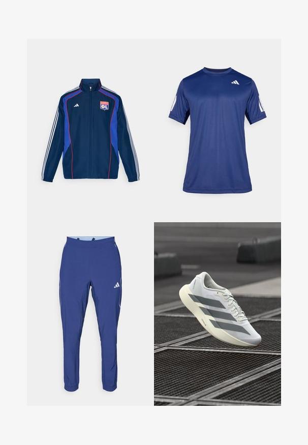 Tamno plava jakna za trening s crvenim i plavim detaljima, koja ima tri bijele pruge na rukavima i izvezeno klupsko logo na prsima.; Temno plava kratka majica s kratkim rukavima za sport, izrađena od glatkog materijala, sa okruglim izrezom i bijelim logotipom na gornjem lijevom dijelu grudi.; adidas Performance TECH APP - Donji dijelovi trenirke - dark blue/glow blue; Bijela sportska cipela s teksturiranim mrežastim gornjim dijelom, s sivim prugama i jastučićastim potplatom. Lagan dizajn pogodan za trčanje.