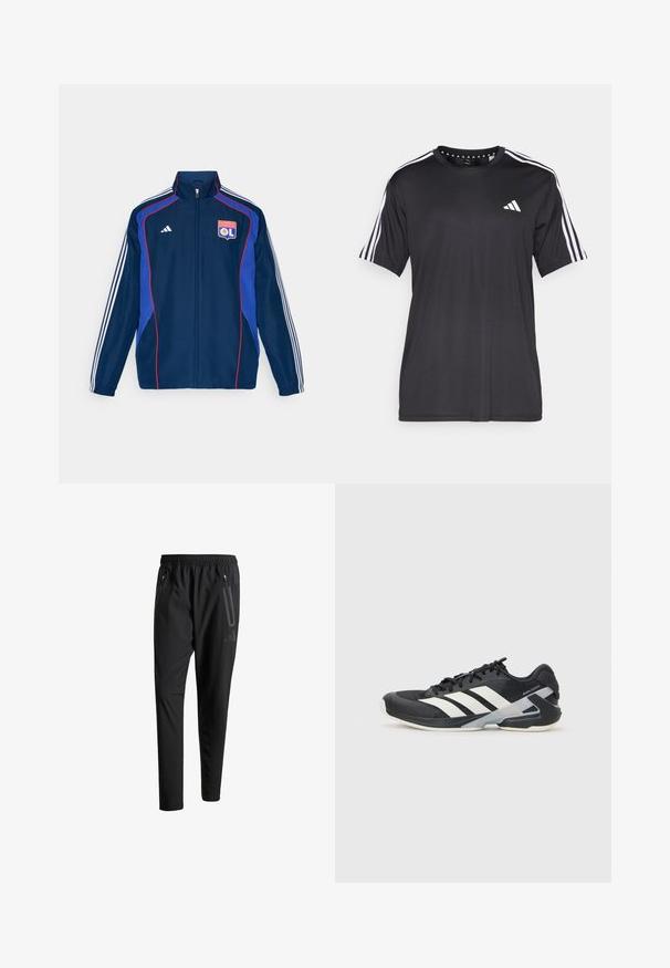 Námornícky modrá bunda z teplákovej súpravy s červenými a modrými akcentmi, so štvoricou bielych pruhov na rukávoch a vyšitým logom klubu na hrudi.; Čierne tričko s krátkym rukávom s bielym trojprúžkom na pleciach a logom na hrudi. Vyrobené z priedušného materiálu, hladká textura.; Čierne športové nohavice s elastickým pásom, dvoma bočnými zipsovými vreckami, zužujúcimi sa nohavicami a nenápadným detailom loga na bokoch.; Čierna športová obuv s bielymi pruhmi, sieťovinový zvršok, zaoblená špička a polstrovaná podrážka. Obsahuje štruktúrovaný opätok a bezpečný systém šnurovania.