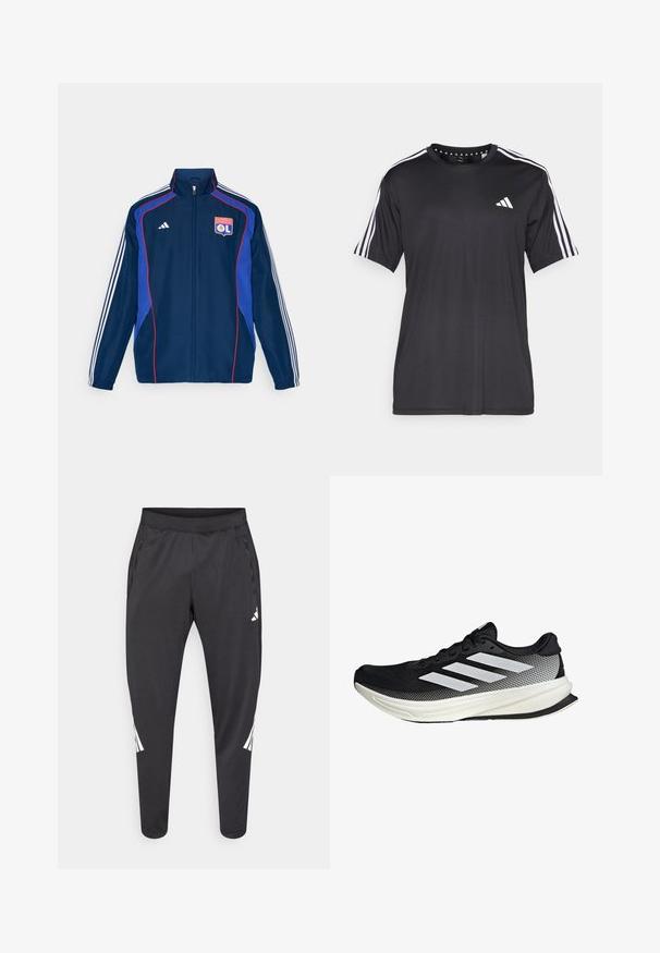Mörkblå träningsjacka med röda och blå detaljer, med tre vita ränder på ärmarna och en broderad klubblogotyp på bröstet.; Svart t-shirt med kort ärm och vit tre-stripes design på axlarna samt logotyp på bröstet. Tillverkad av andningsbart tyg med slät textur.; Svarta sportbyxor med avsmalnande ben, elastisk midja, sidofickor samt vitt logotyp- och randdetalj. Tillverkade av ett mjukt, lätt material.; Svart atletisk sko med nätmönster, som har vita ränder, rund tå och en strukturerad sula för grepp och stöd.