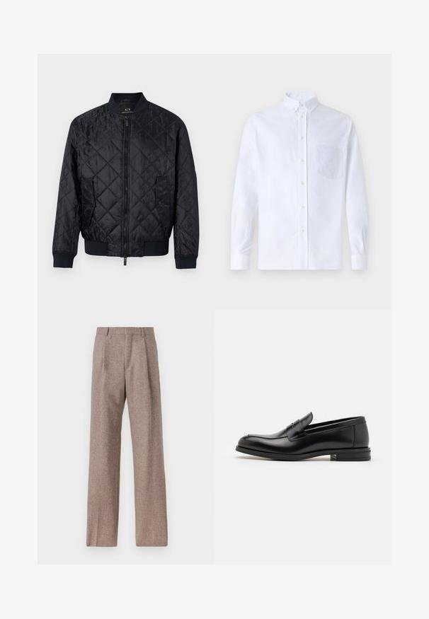 Jūras zils kvadrātveida piegriezuma bombermētis ar rāvējslēdzēju priekšā, ribotām aprocēm, divām sānu kabatām un teksturētu ģeometrisku rakstu uz auduma.; Balts garo piedurknēm krekliņš ar pogām, izgatavots no kokvilnas, ar krūšu kabatu ar tonālu izšuvumu, apkakli un pogām pie piedurknēm.; Brūni, augstos šortos izgatavoti no teksturēta auduma. Iezīmē plašas kājas un divas priekšējās krokas, kas nodrošina struktūru. Kārtīga apdare bez redzamām detaļām.; Melnas ādas kurpes ar gludu tekstūru, noapaļu purngalu un dekoratīvu siksniņu pāri priekšpusei. Zems sakrauts papēdis, minimālisma dizains.