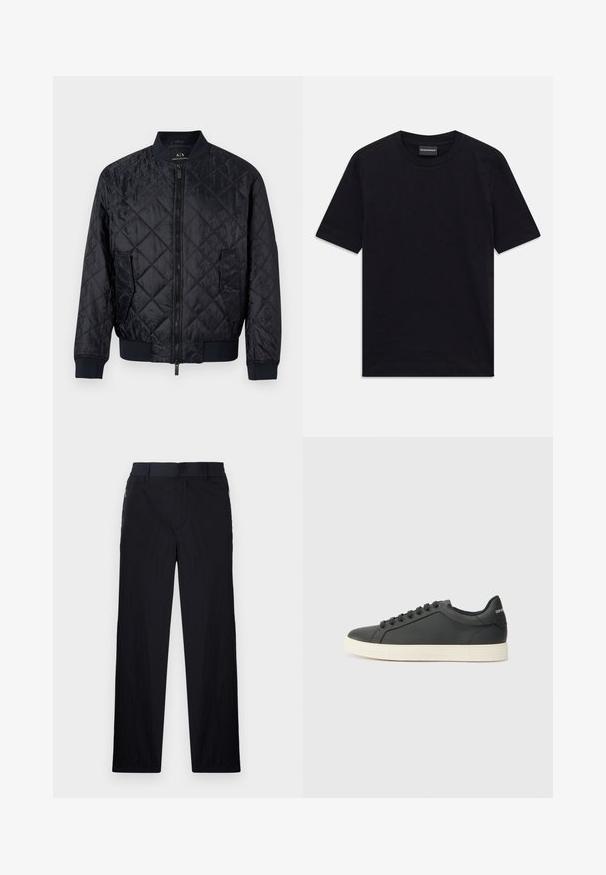 Navy quilted bomber jacket with a zip front, ribbed cuffs, two side pockets, and a textured geometric pattern on the fabric.; Black short-sleeve crew neck T-shirt with subtle embossed pattern and brand label inside collar, laid flat on white background.; Black trousers featuring a lightweight, textured fabric, straight-leg design, elastic waistband, and side zip pockets.; Black leather sneaker with a low profile, rounded toe, and lace-up closure; features a textured rubber sole and logo detail on the heel.