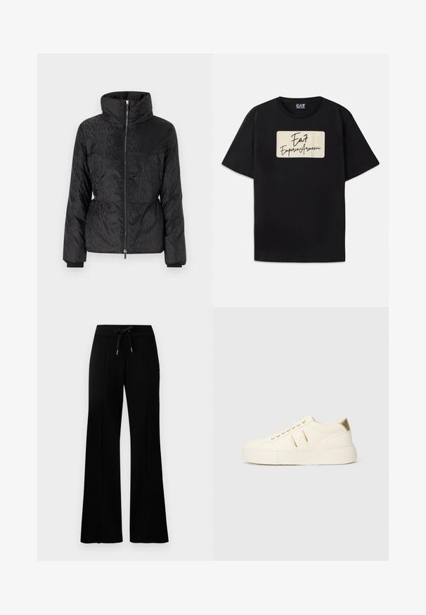 Svart boblejakke med høy krage, sidelommer, glidelås og subtil ton-i-ton tekstmønster. Myk, blank og quilted tekstur.; Svart bomull T-skjorte med et rektangulært merke logo i kremfarget med håndskrevet stil. Korte ermer og standard passform.; Svart vid bukse med snøring i midjen, sidelommer, myk stoff og et elegant design.; Kremfargede lave sneakers med gullakenter, snørebånd og preget "Armani Exchange" merkevare på sålen og sidepatchen.