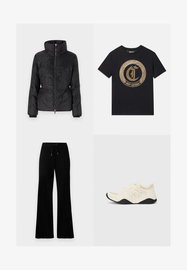 Juodas pūkinis švarkas su aukštu apykakle, šoninėmis kišenėmis, užtrauktuku ir subtiliu toniniu tekstūros raštu. Minkšta, blizgi ir siuvinėta tekstūra.; Juodas marškinėliai su apvaliu auksiniu grafiniu dizainu, kuriame stilizuotos raidės "C" ir tekstas "JUST CAVALLI". Trumpomis rankovėmis, apvaliu iškirpimu, pagaminti iš medvilnės.; Juodi platūs sportiniai kelnių su raišteliu liemeniu, šoninėmis įpjovomis, minkšta medžiaga ir elegantiškas dizainas.; Baltos sportbačiai su tekstūruota viršutine dalimi, auksiniais akcentais ir logotipo dizainu. Turi juodą padą ir raišteliais užsegamas uždarymas, užtikrinantis tvirtą prigludimą.