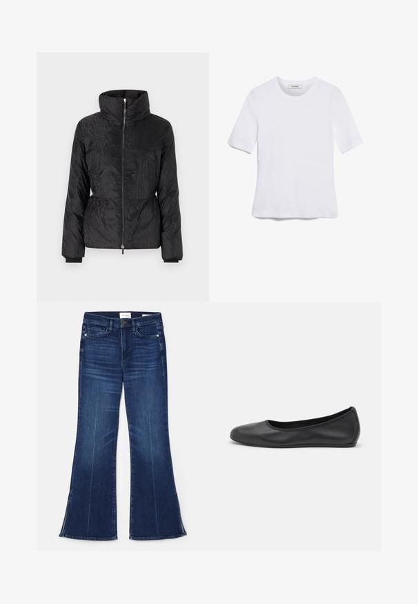 Svart boblejakke med høy krage, sidelommer, glidelås og subtil ton-i-ton tekstmønster. Myk, blank og quilted tekstur.; Hvit kortermet t-skjorte laget av ribbestrikket materiale. Rund hals, vanlig passform og subtile sømdetaljer. Ingen mønstre eller grafikk.; Mørkeblå flagrende jeans laget av denim. Har høy midje, frontlommer og splittdetaljer ved kanten. Klassisk femlommers design.; Svart skinnballettflatt med rund tå, glatt tekstur, minimal sømdetalj, og et fleksibelt såledesign.