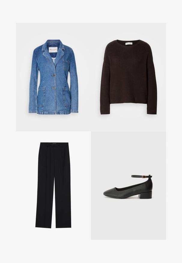 Blazer de denim em azul médio, com lapelas com recorte, fecho de dois botões, três bolsos e detalhes de costura visíveis.; Pulôver tricotado castanho escuro com gola redonda, ombros caídos e textura canelada por toda a peça. Design simples e de corte descontraído.; Calças pretas com um design de perna reta, apresentando dois bolsos frontais e um cós. Feitas de um tecido leve e suave.; Sandal de pele preta com bico pontiagudo e um salto bloco baixo. Apresenta uma tira no tornozelo com uma fivela em tom dourado. Textura suave.