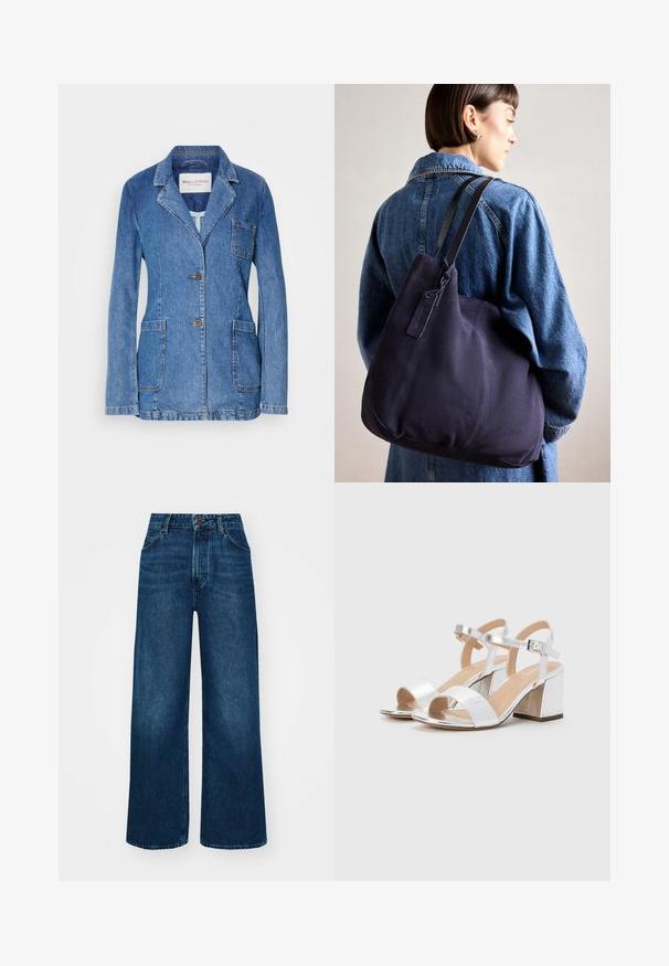 Džinsinis švarkas vidutinio mėlynumo, su sniego formos apykaklėmis, dviem mygtukais, trimis kišenėmis ir matomomis siuvimo detalėmis.; Du kaldūnėliams, juodos ir baltos spalvos. Pagaminti iš minkštos, tamprios medžiagos su raukšlėta tekstūra ir prigludusia forma. Su siaurais petnešomis.; Aukšto liemens, platėjantys džinsai tamsiai mėlynos džinsinės medžiagos su lygia tekstūra, kontrastingomis siūlėmis ir penkių kišenių dizainu. Priekinis mygtukų užsegimas.; Sidabrinės aukštakulnės šlepetės su atviromis pirštinėmis, turinčios dvi plačias juostas ir suapvalintą bloko kulną. Lygus paviršius su metalizuotu apdaila.; Tamsiai mėlynas drobės petinis krepšys su minkšta, struktūruota forma, pasižymintis juodu diržu, siuvinėtomis detalėmis ir mažyčiu prekės ženklo žymekliu.; Sidabriniai lašo formos auskarai su kvadrato formos auskaru, turintys lygų, poliruotą paviršių ir ašarėlės formą, atsispindintys šviesoje su blizgiu paviršiumi.