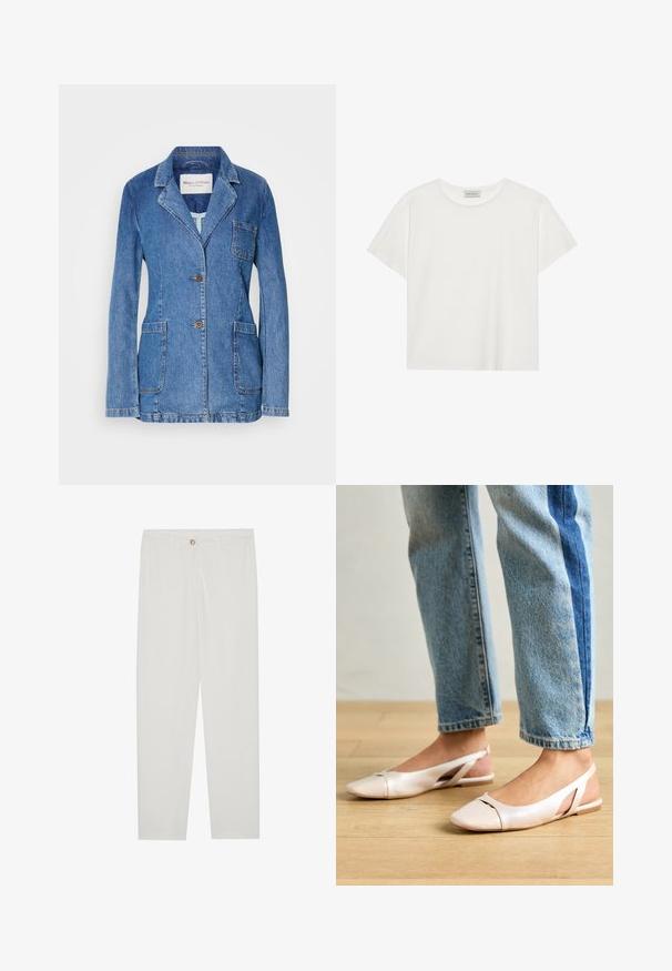 Blazer de mezclilla en azul medio, con solapas con muesca, cierre de dos botones, tres bolsillos y detalles de costura visibles.; Camiseta blanca de manga corta hecha de suave algodón. Presenta un escote redondo y un corte relajado. Diseño limpio sin patrones o acentos visibles.; Pantalones blancos, ajustados, con un diseño de pierna recta, que cuentan con un cierre de botón, lazos para cinturón y bolsillos laterales; textura de tela suave.; Bailarinas de color rosa pálido con tiras traseras y punta puntiaguda, fabricadas con un material similar al cuero suave. Presentan detalles recortados en los laterales y un tacón plano.