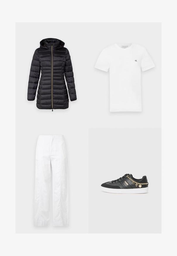 Save the duck REESE - Cappotto invernale - black; T-shirt bianco in cotone con maniche corte e scollo rotondo. Presenta un piccolo logo nero "ck" sul lato sinistro del petto. Tessuto morbido.; Pantaloni bianchi a gamba larga realizzati in tessuto leggero, con una texture liscia, linee pulite e un design a vita alta.; Sneaker nera in pelle e tessuto, con suola bianca, dettagli in catena dorata e logo sui lati.