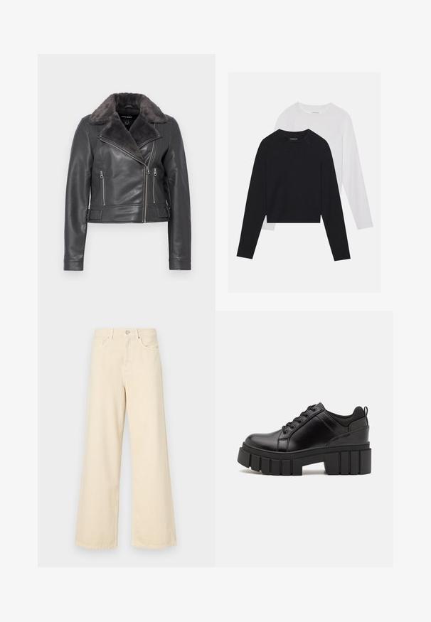 Tumehall nahkasingel mootorratta jakk karusnaha kraega, millel on asümmeetriline tõmblukk, kaks tõmblukuga taskut ja vöörihmade aktsendid.; Kaks pikade varrukatega särki: üks must ja teine valge. Mõlemal on ümar kaelus, raglanvarrukad ja pehme puuvillasegu kangas.; Bežid laiad teksad, mis on valmistatud puuvillast. Omab nööbilukku, vöökohakujusid ja eesmine taskuid, millel on sile ja pehme tekstuur.; Must musta platvormsussid paksu plokkninal, ümmarguse varbaga ja traditsioonilise nööridega kinnitamisega. Sussid on sileda tekstuuriga ja minimaalsete detailidega.