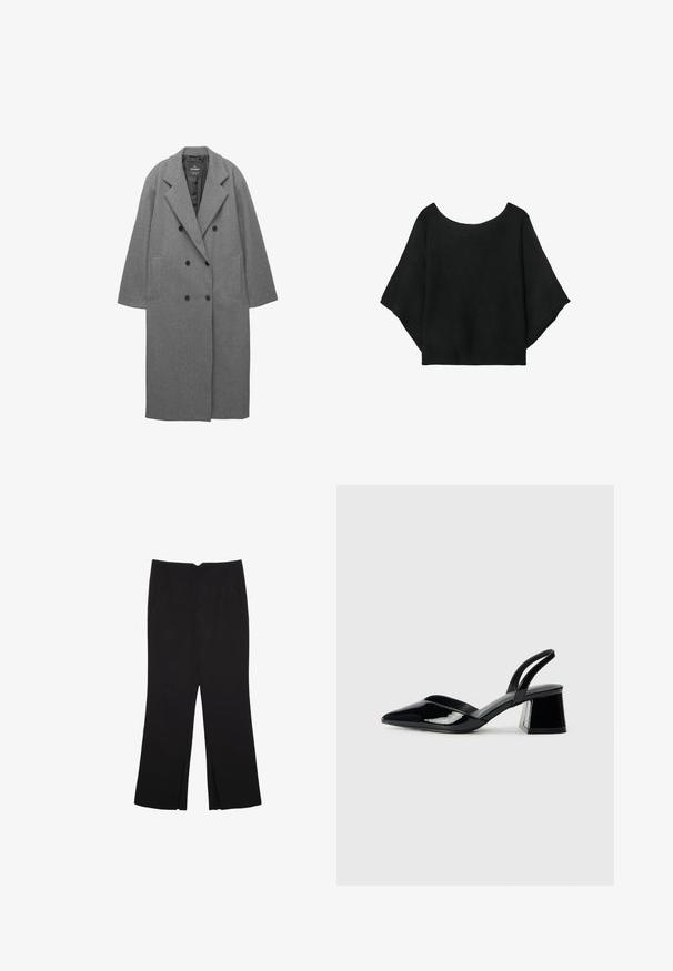 Sivka kombinacija volne dvoredni plašč z izrezanim ovratnikom, stranskimi žepi in gladkim notranjim podlogo. Ima črne gumbe.; Črn pleteni top s širokimi rokavi, krojem z okroglo izrezano vratnim delom in sproščenim fitom. Tkanina ima rebrasto teksturo, brez zapiralk ali vzorcev.; Črne hlače ravnega kroja z naglavnimi žepi in stranskimi razporki na robu. Narejene iz mehke, gladke tkanine. Primerne za različne priložnosti.; Črne lakirane slingback pete s koničastim nosom in geometrijsko blokasto peto. Imajo eleganten, minimalističen dizajn in gladko teksturo.
