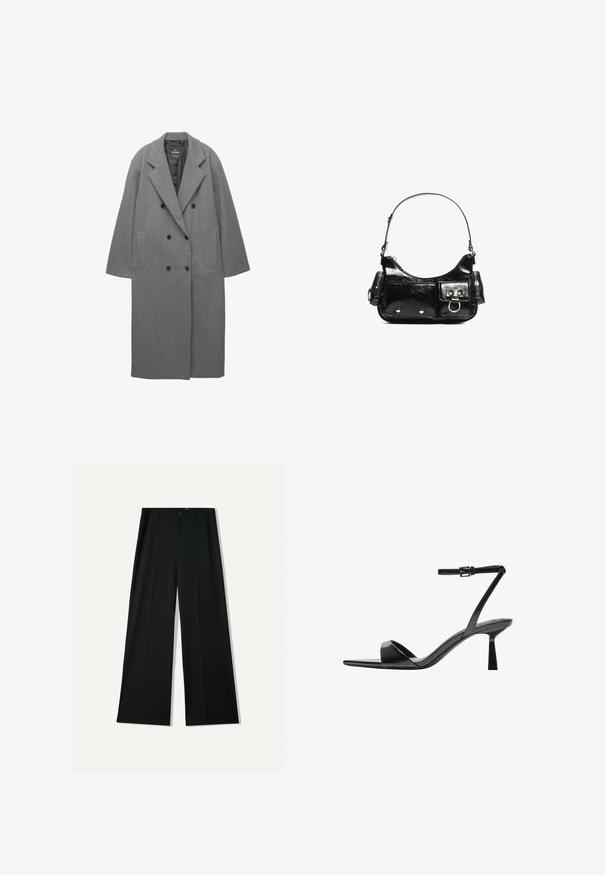 Grey wool blend double-breasted coat with a notched collar, side pockets, and a smooth interior lining. Features black buttons.; Black and white long-sleeve t-shirts, featuring round necklines, soft fabric, and a fitted design with straight hems.; Bershka WIDE - Trousers - black; Bershka High heeled sandals - black; Black patent leather handbag with a curved shape, one shoulder strap, front pockets, and silver-tone hardware accents.