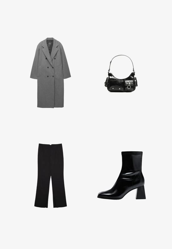 Šedý vlněný dvouřadý kabát s klopovým límcem, bočními kapsami a hladkou vnitřní podšívkou. Obsahuje černé knoflíky.; Černý dlouhý rukáv cropped top s kulatým výstřihem, jednoduchý design a mírně zaoblený lem.; Černé kalhoty s rovným střihem, s předními kapsami a bočními rozparky na lemu. Vyrobené z jemné, hladké tkaniny. Vhodné na různé příležitosti.; Černá kotníková bota vyrobená z hladké kůže. Obsahuje blokový podpatek s texturovaným, vroubkovaným vzorem a elegantní zúženou špičku.; Černá lakovaná kožená kabelka s křivkovým tvarem, jedním ramenním popruhem, předními kapsami a stříbrnými kovovými detaily.