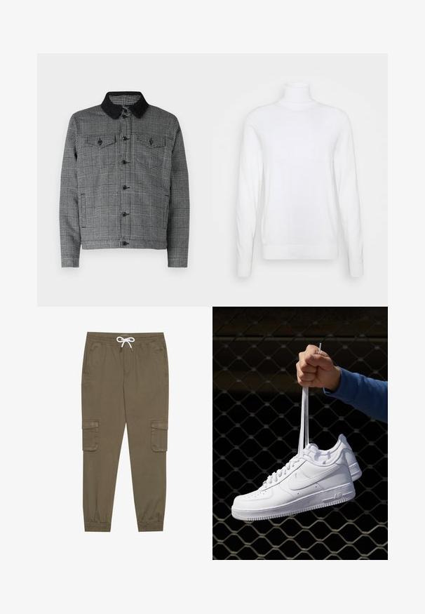 Zwarte en grijze geruite jas met een zwarte sherpa kraag, een knoopsluiting aan de voorkant en twee borstzakken met klep. Gemaakt van een katoenmix.; Witte coltrui met lange mouwen, gemaakt van een zachte stof. Heeft een aansluitend ontwerp en geribde manchetten en zoom. Geen patronen of accenten.; Khaki cargobroek met een elastische tailleband en trekkoord, voorzien van zijzakken en afgeknipte enkels. Gemaakt van een gestructureerd, lichtgewicht materiaal.; Witte leren sneakers met perforaties, ronde neus, vlakke zool en dikke veters, met een zichtbare swoosh-logo en "AIR" op de hiel.