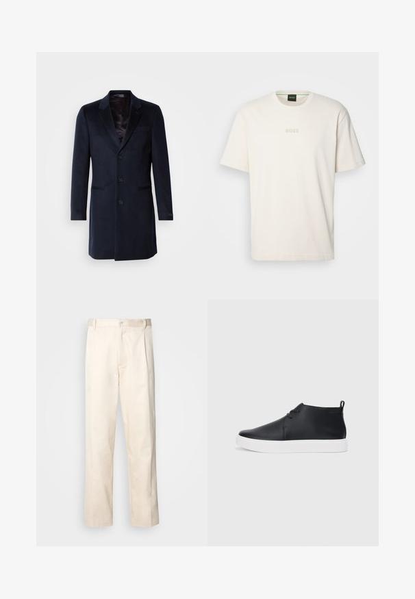 Jūras spēku kazas vilnas jaukšanas mētelis ar izgrieztu apkakli, vienas pogas aizdari, divām priekšējām kabatām un zīdainu iekšējo oderi.; BOSS TEE - Pamata T-krekls - open white; Bežā krāsā auduma bikses ar taisnu kāju griezumu, pievienotām pogu aizdares un priekšējiem krokām papildu detaļām.; Melnas ādas augstas tenisa kurpes ar gludu apdari, baltu gumijas zoli un vienkāršu šņorēšanas dizainu. Aizmugurē ir vilkšanas cilpa.