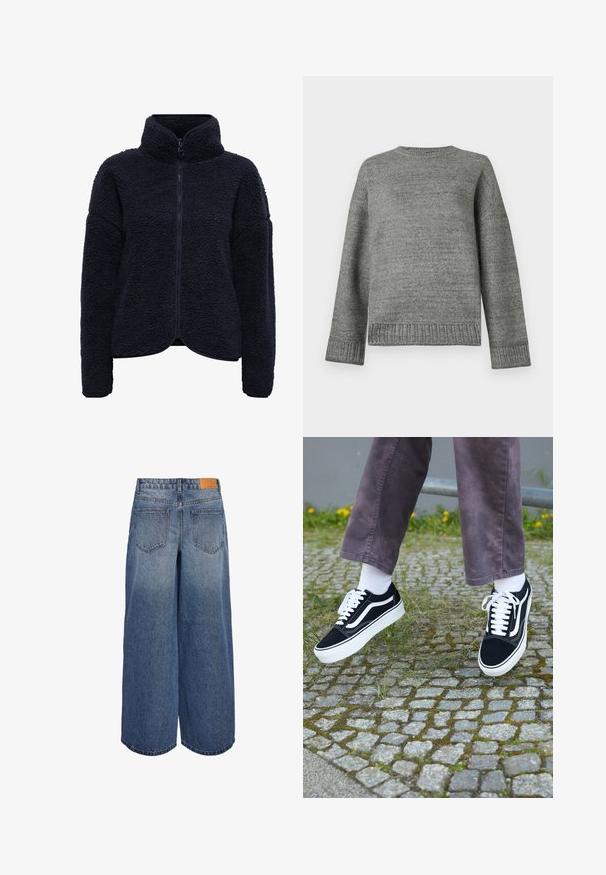 Veste en polaire navy avec col haut, fermeture zippée et tissu texturé. Présente une coupe ample et des manches longues. Pas de motifs ou d'accents visibles.; Pull en tricot gris à encolure ronde, épaules tombantes, et poignets et ourlet côtelés. Texture lisse avec une couleur unie et un minimum de détails.; Culottes en denim à jambes larges dans un lavage bleu moyen avec une texture délavée, comportant deux poches arrière et une étiquette de marque en cuir marron sur la taille.; Baskets en suède noir avec des accents blancs, présentant un bout rond, une semelle blanche épaisse et un design classique à lacets, portées avec des chaussettes blanches et un pantalon violet.