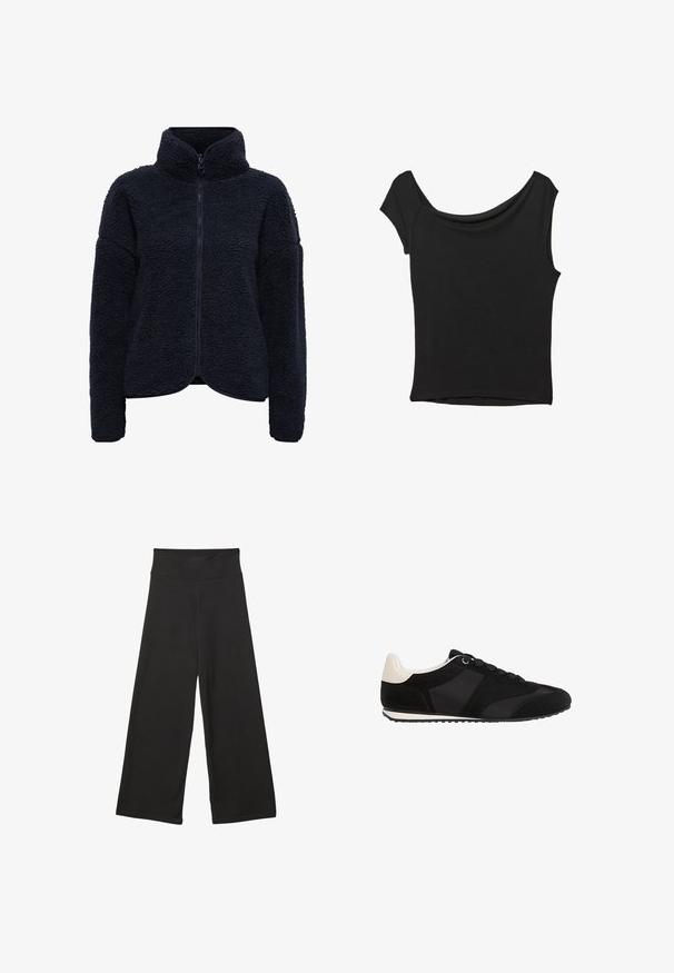 Giacca in pile marina con colletto alto, chiusura con zip e tessuto testurizzato. Presenta una vestibilità ampia e maniche lunghe. Senza modelli o dettagli visibili.; Top nero a maniche corte realizzato in tessuto liscio; presenta un colletto drappeggiato e un orlo asimmetrico, con una vestibilità aderente.; Pantaloni neri a gamba larga con vita elastica alta, in tessuto morbido e vestibilità ampia, adatti per l'abbigliamento casual o ambienti rilassati.; Scarpe sportive nere con una tomaia in suede testurizzato, dettagli in materiale sintetico liscio e un tallone crema a contrasto. Presentano lacci tradizionali e una soletta in gomma.
