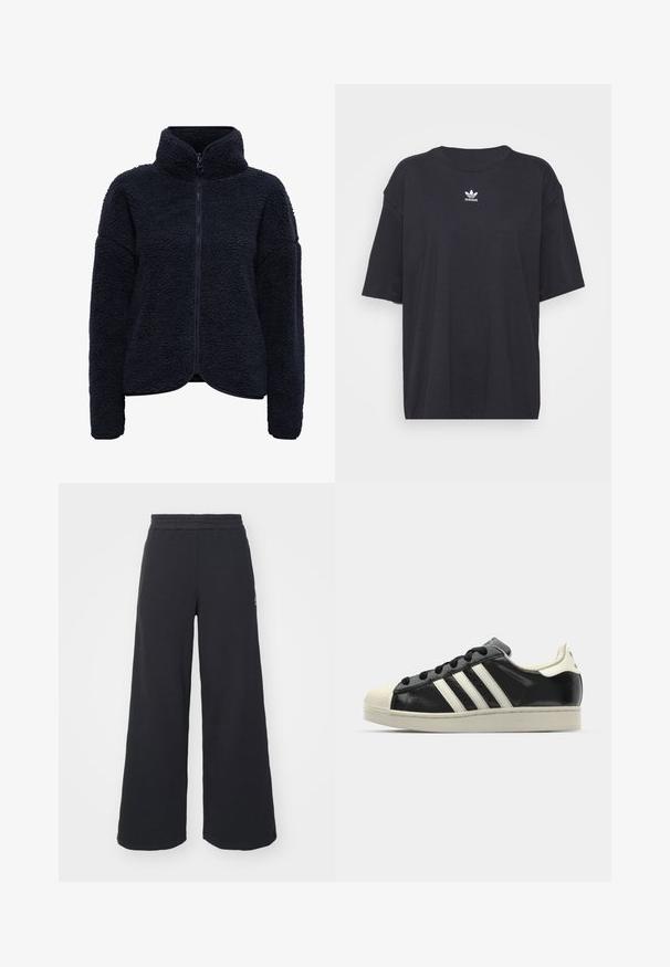 Chaqueta de forro polar navy con cuello alto, cierre de cremallera y tejido texturizado. Presenta un corte holgado y mangas largas. Sin patrones ni acentos visibles.; Camiseta de algodón negra con mangas cortas, cuello redondo, presenta un logo blanco de Adidas en el pecho. Diseño simple, ajuste relajado.; Pantalones de chándal negros de pierna ancha, hechos de una tela suave, con una cintura elástica y un pequeño logo en el lado izquierdo.; Zapatilla de cuero negro con rayas blancas, puntera de goma, cordones negros y suela color crema. Textura suave con acabado brillante.