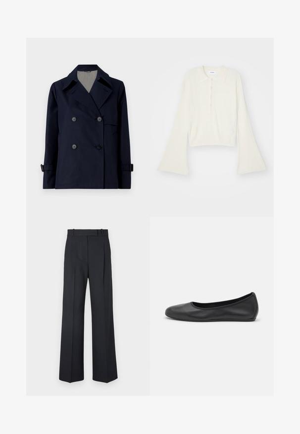 Weekend Max Mara BIGLIA - Light jacket - navy; Ribbed, cream-colored polo shirt with long, flare sleeves and five button placket. Features a collar with a soft texture.; Dark blue pinstriped trousers with a high waist, wide leg design, and no visible hardware or embellishments. Smooth texture and tailored fit.; Black leather ballet flat with a rounded toe, smooth texture, minimal stitching detail, and a flexible sole design.