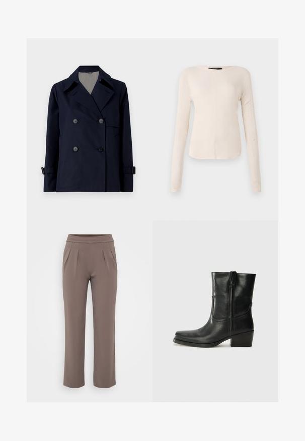 Weekend Max Mara BIGLIA - Välikausitakki - navy; Pitkähihainen, vaaleanbeige paita, jossa on pyöreä kaula-aukko. Valmistettu pehmeästä kankaasta, jossa on keskeinen sauma ja hieman kaareva helma. Ei näkyvää metalliosaa.; Harmaat löysät housut, joissa on joustava vyötärö ja etutaskut, valmistettu sileästä kankaasta.; Musta nahkasaapas nilkkamittaisella varrella, pyöreällä kärjellä, lohkarekorolla, sivuvetoketjulla ja ompeluaksentilla varren yläosassa. Suora pinta, klassinen muotoilu.